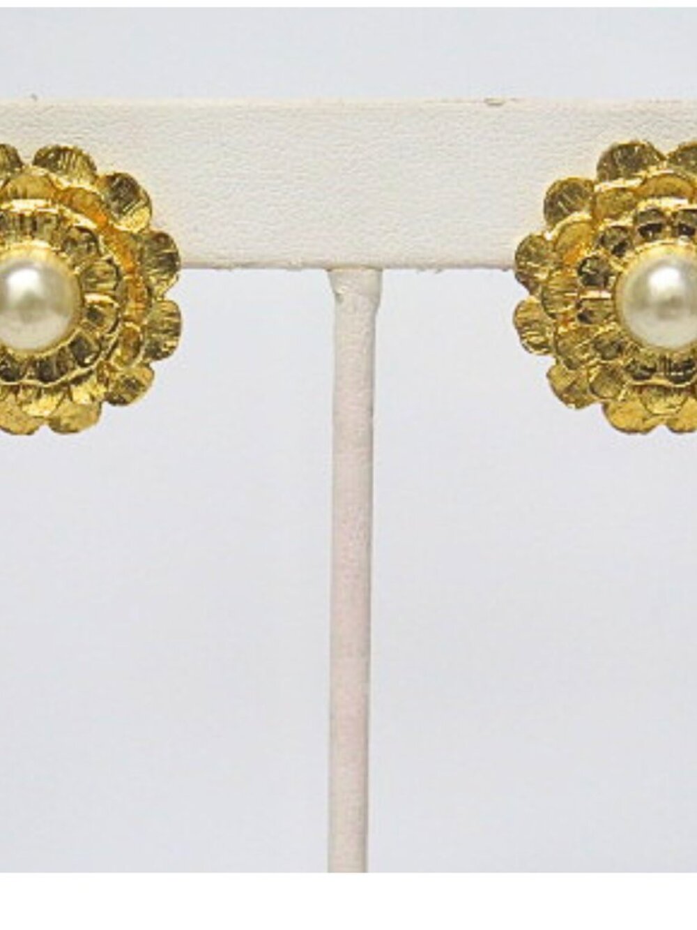 Vintage Gold Tone Faux Pearl Floral Clip-On Earrings